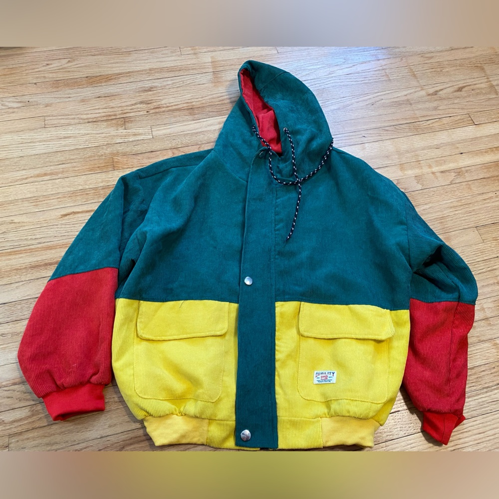 VTG Quality Men Best Corduroy Hooded Jacket Color Block sz Medium